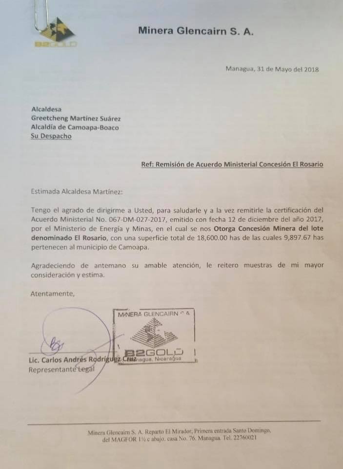Carta entregada a la alcaldesa de Camoapa el pasado 7 de Agosto.