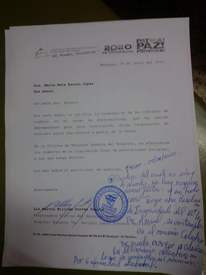 Carta de despido-Doctora Maria Nela Escoto