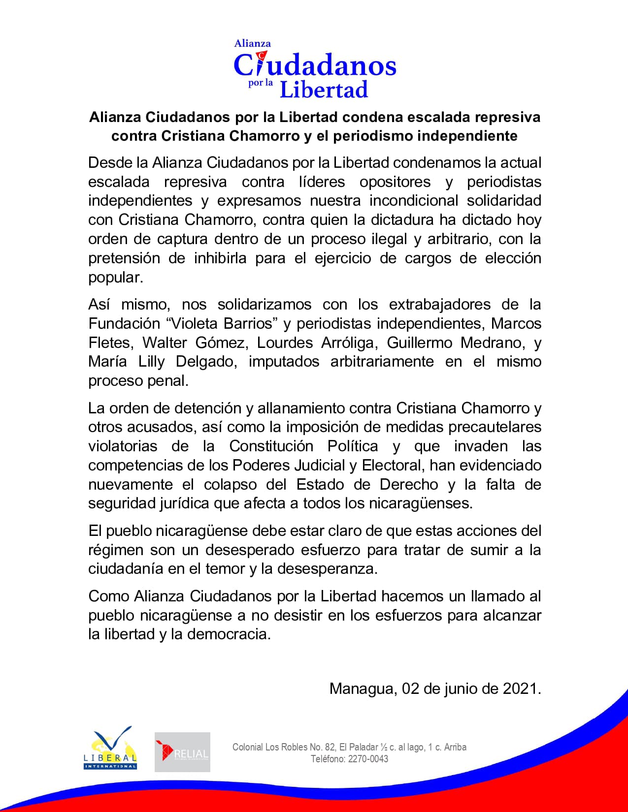 Alianza Ciudadanos por la Libertad, condena escalada represiva contra Cristiana Chamorro y el periodismo independiente.