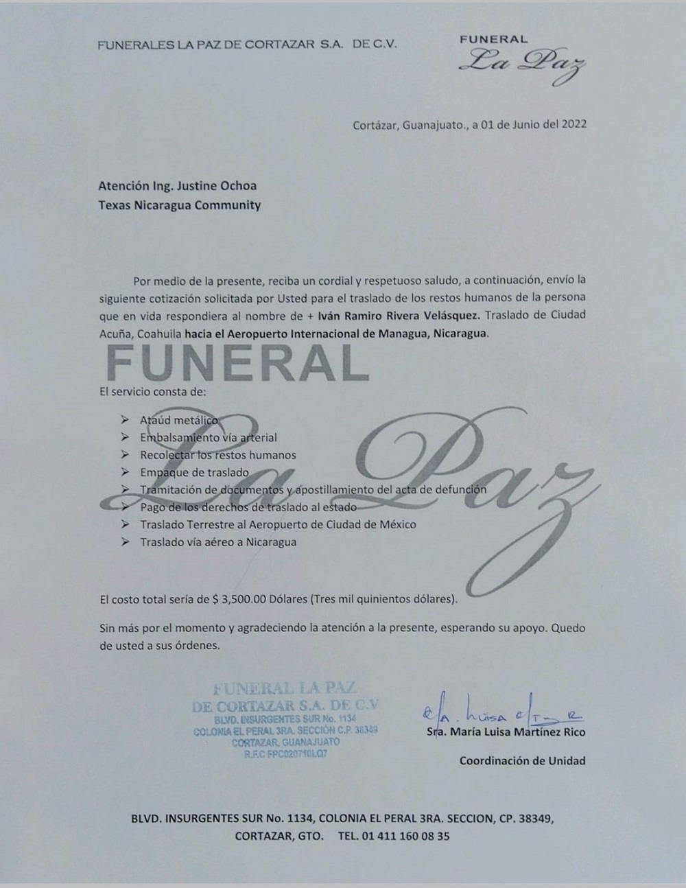 Cotización para el traslado de los restos de quien en vida fuera Iván Ramiro Rivera hacia Nicaragua.